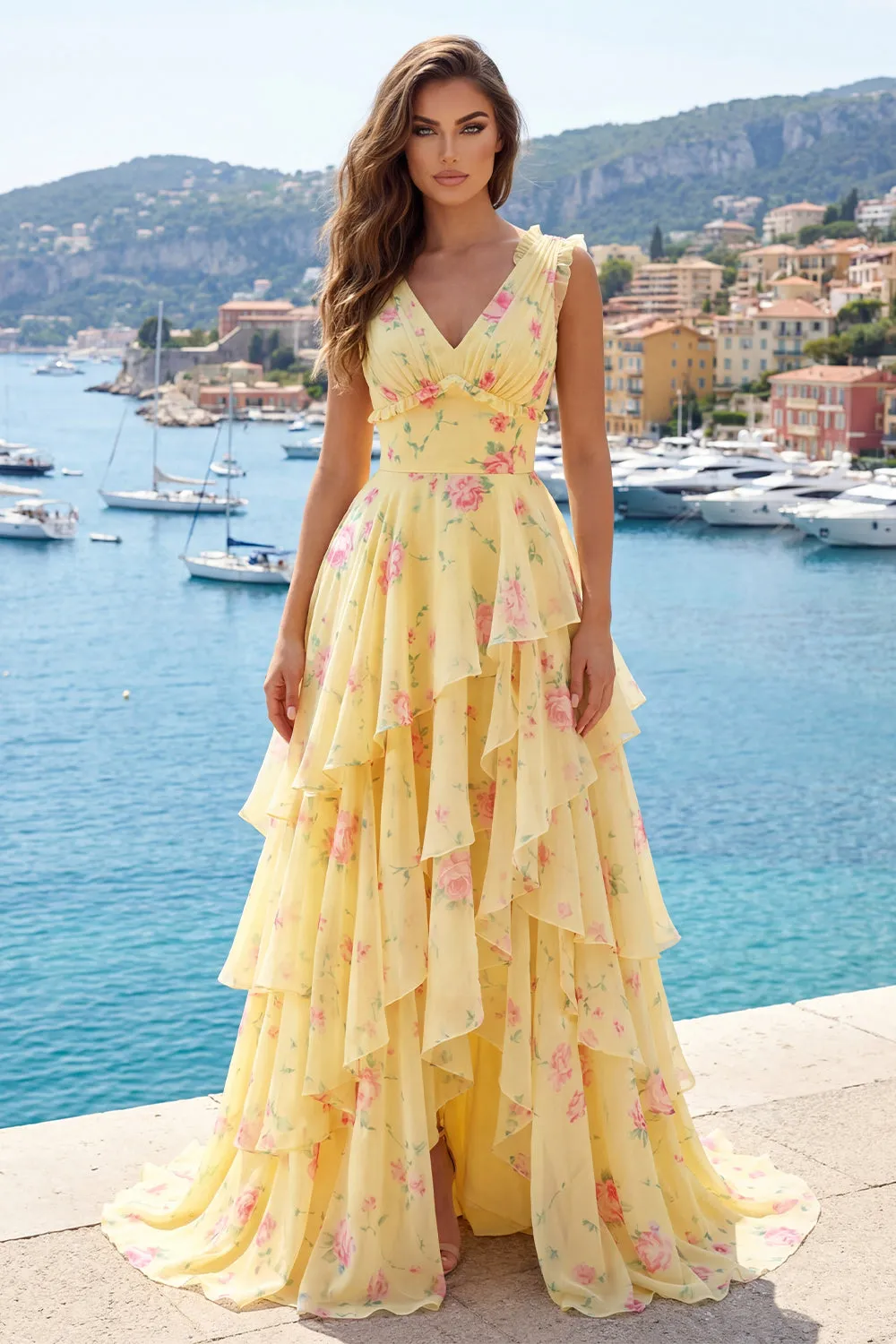Yellow V-Neck A Line Floral Long Prom Dress with Ruffles sold by Zapaka product image thumbnail 3