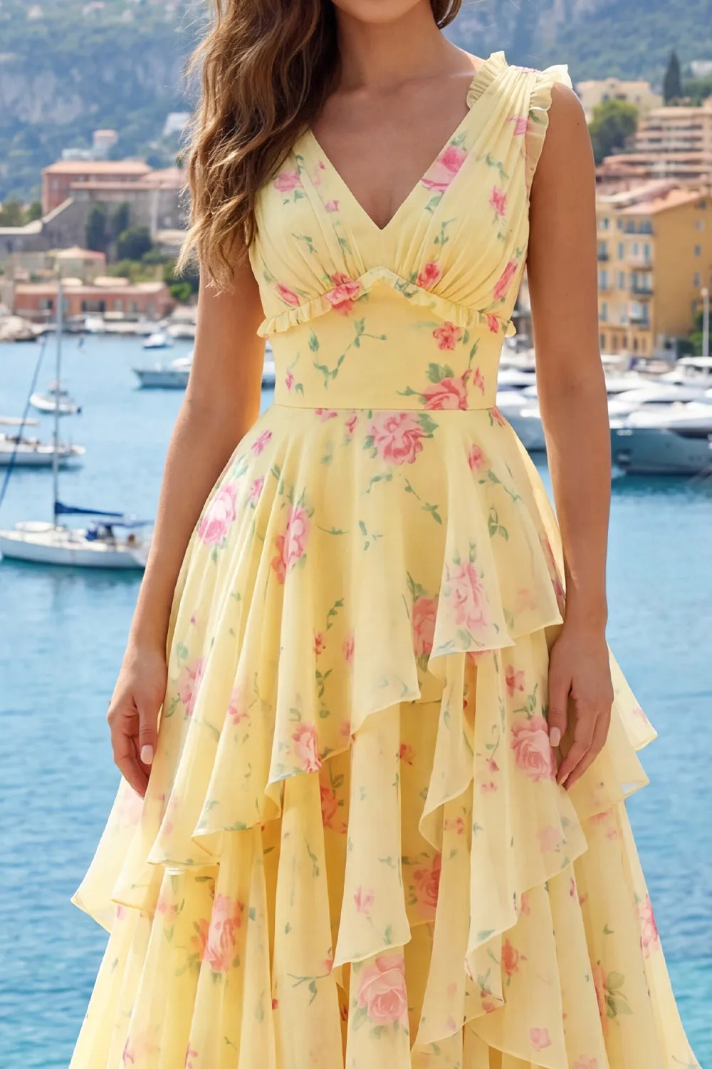 Yellow V-Neck A Line Floral Long Prom Dress with Ruffles sold by Zapaka product image thumbnail 5