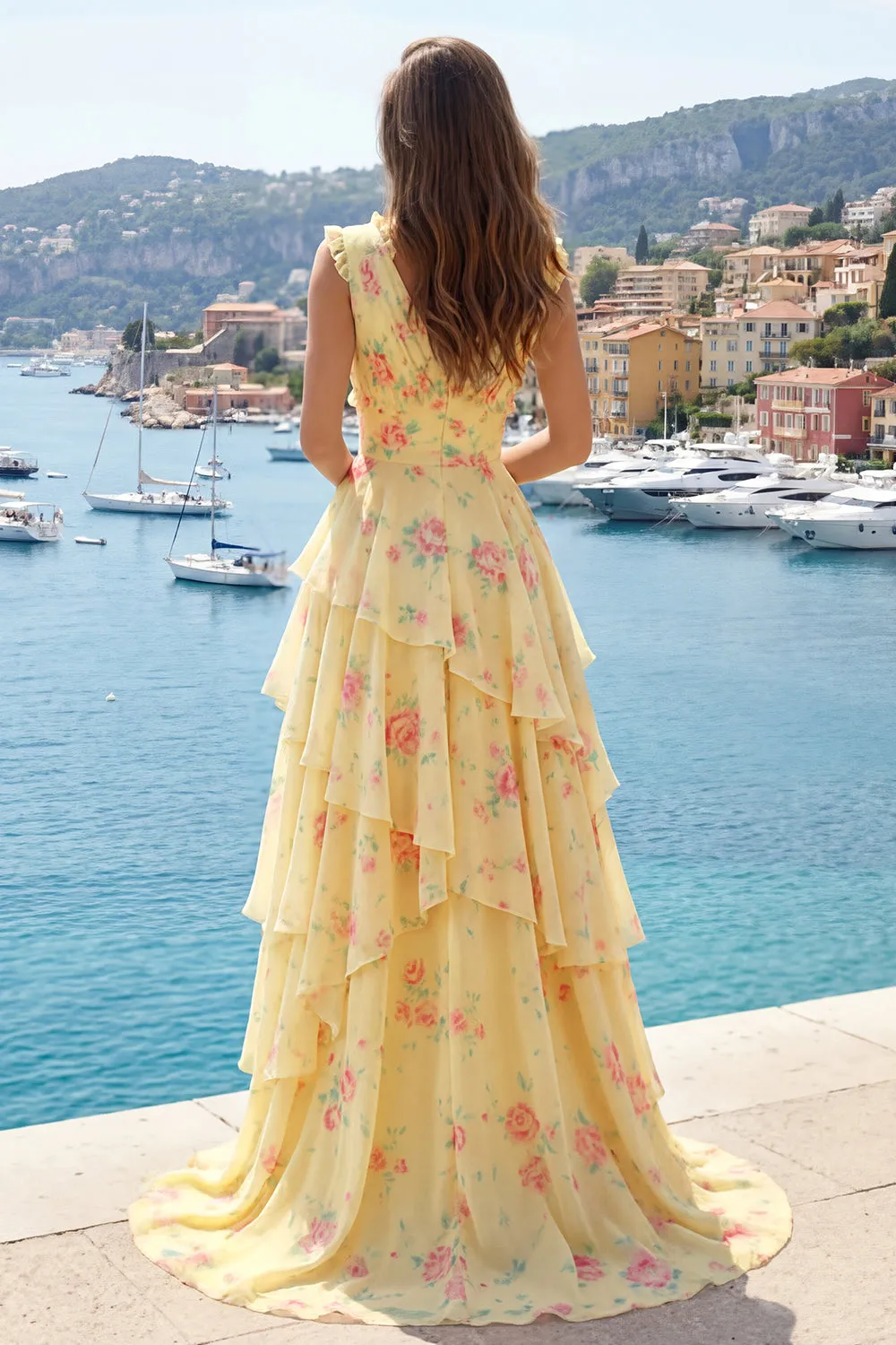 Yellow V-Neck A Line Floral Long Prom Dress with Ruffles sold by Zapaka product image thumbnail 4