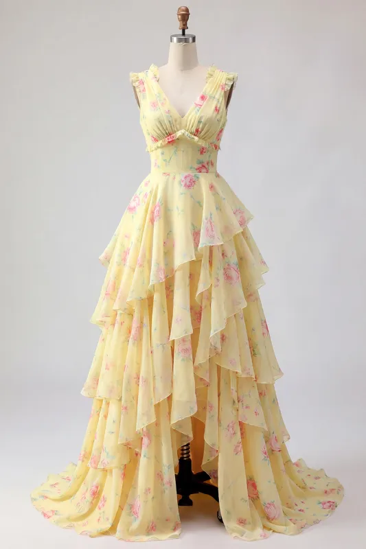 Yellow V-Neck A Line Floral Long Prom Dress with Ruffles made by Zapaka