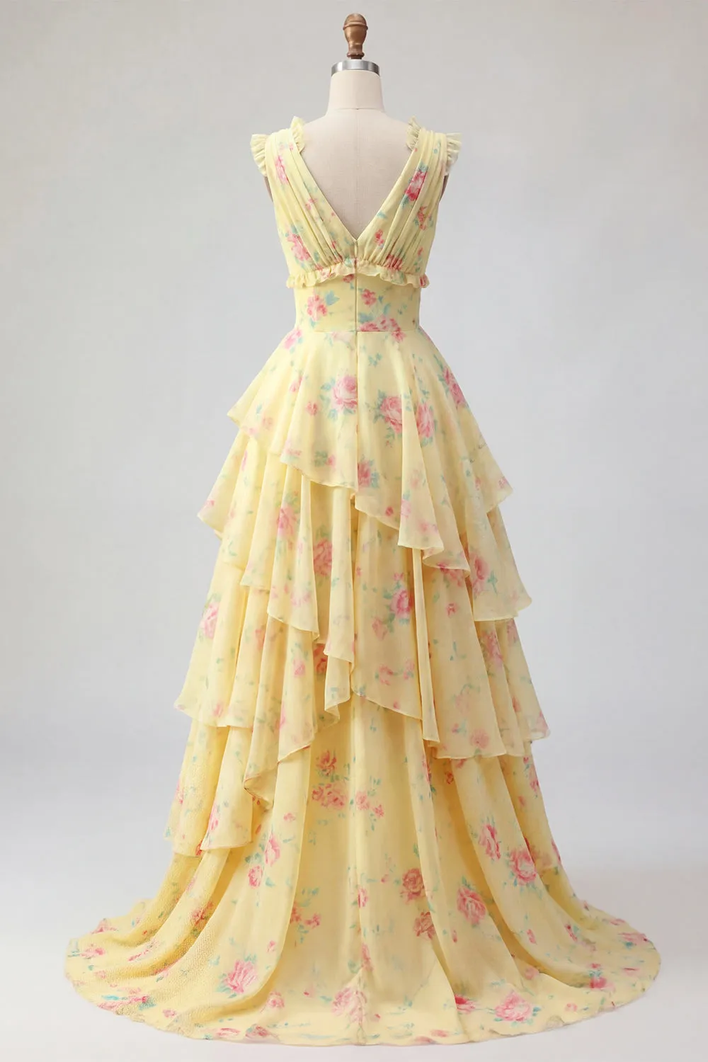 Yellow V-Neck A Line Floral Long Prom Dress with Ruffles sold by Zapaka product image thumbnail 2