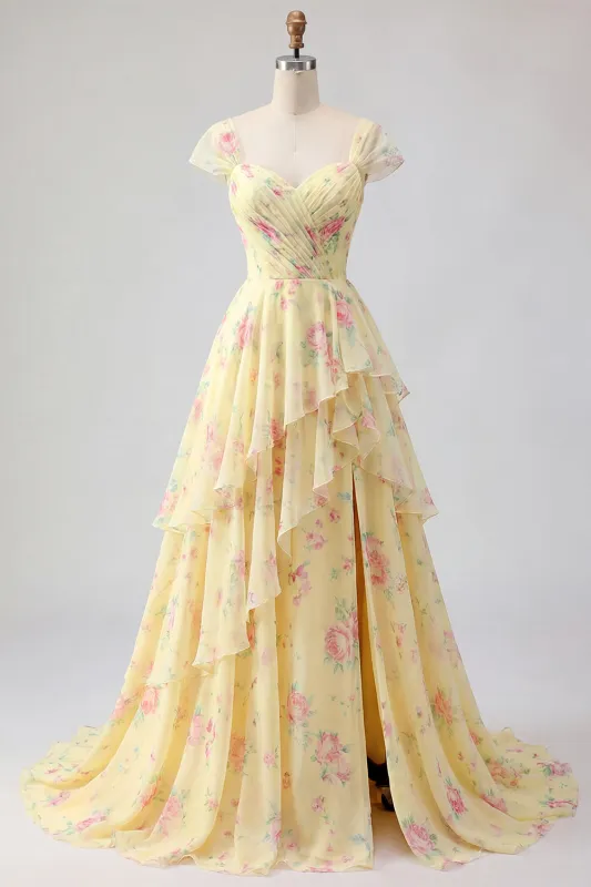 Yellow Cap Sleeves A Line Ruffled Floral Prom Dress with Slit made by Zapaka