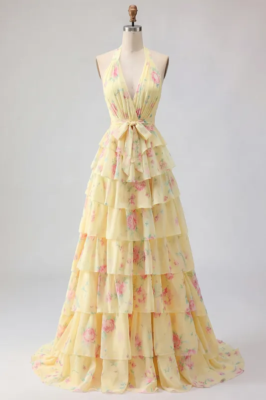 Yellow Halter A Line Floral Long Prom Dress with Ruffles made by Zapaka