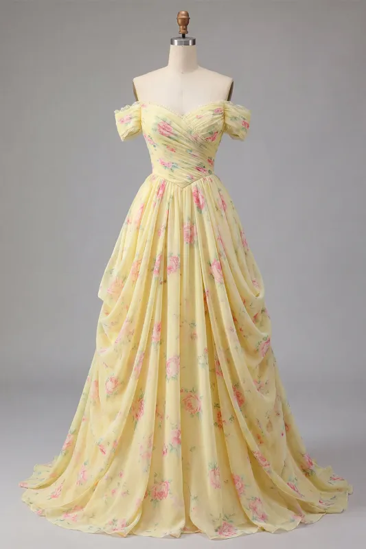 Yellow Ruched Off the Shoulder A Line Long Floral Prom Dress made by Zapaka