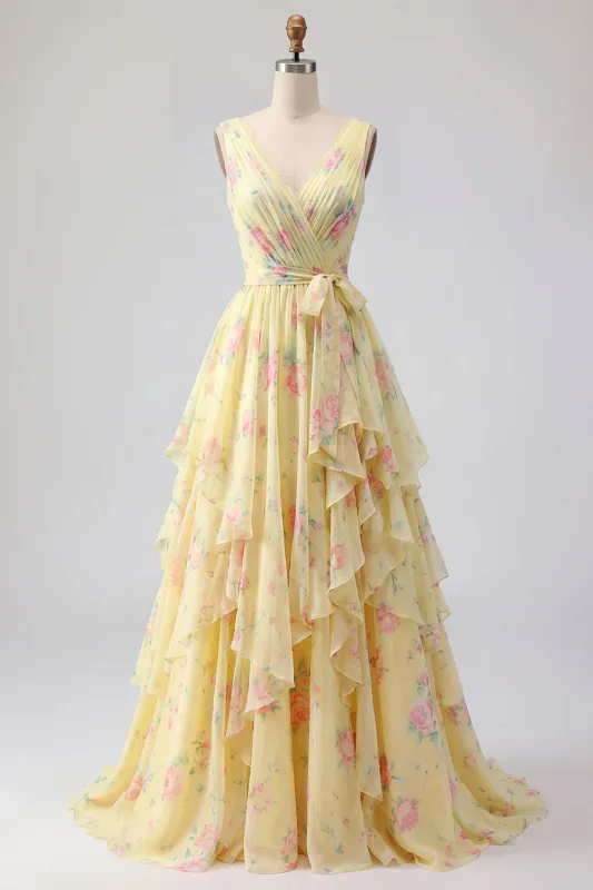 Yellow Floral V-Neck Ruffled Long Prom Dress with Bow made by Zapaka