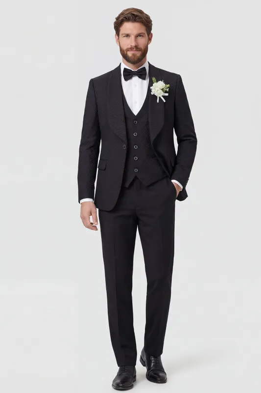 Black Shawl Lapel 3 Piece One Button Men's Wedding Suits made by Zapaka
