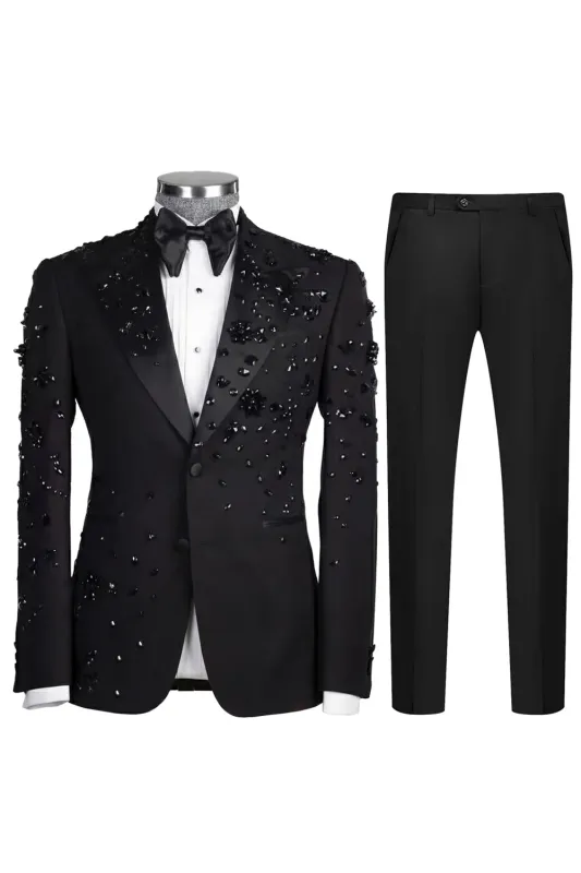 Black Peak Lapel 2 Piece One Button Men's Suits with Beading made by Zapaka