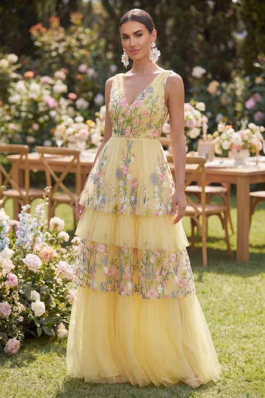 Yellow Tulle A-Line Tiered V-Neck Embroidered Long Floral Dress made by Zapaka