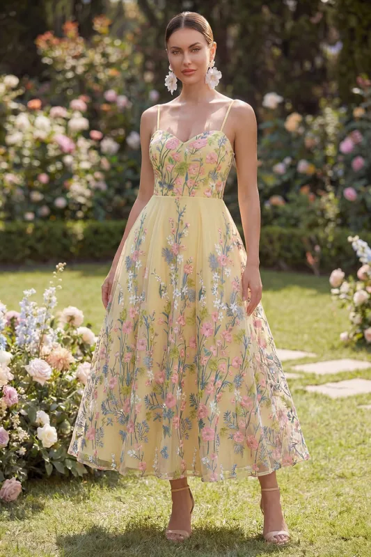 Tulle A-Line Yellow Embroidered Floral Midi Dress made by Zapaka