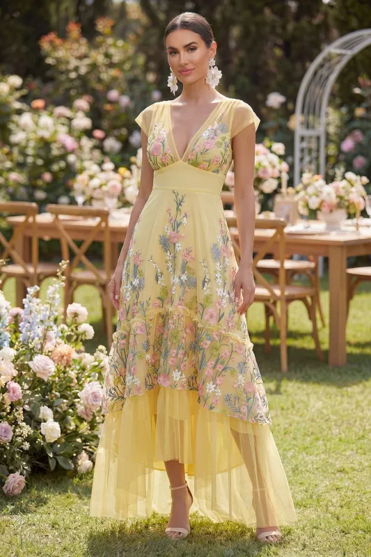 Tulle A-Line Yellow V-Neck Embroidered Floral Dress with Cap Sleeves made by Zapaka