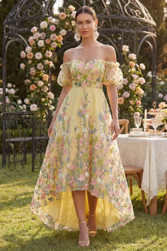 Off the Shoulder A-Line Yellow Tulle Embroidered Floral Dress with Puff Sleeves made by Zapaka