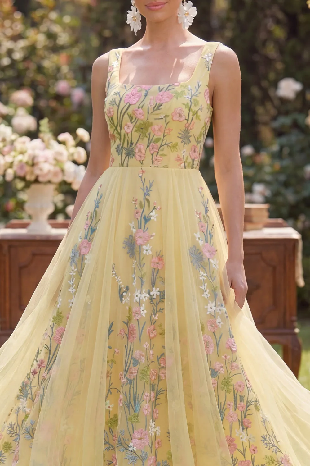 A-Line Yellow Square Neck Tulle Embroidered Midi Floral Dress sold by Zapaka product image thumbnail 3