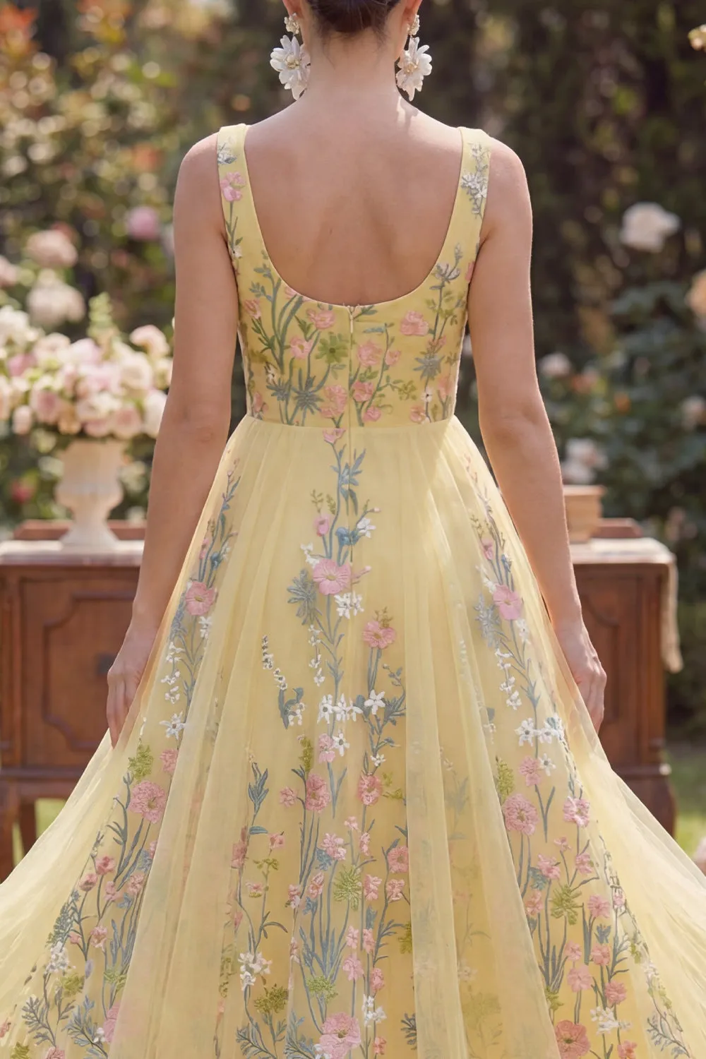 A-Line Yellow Square Neck Tulle Embroidered Midi Floral Dress sold by Zapaka product image thumbnail 4