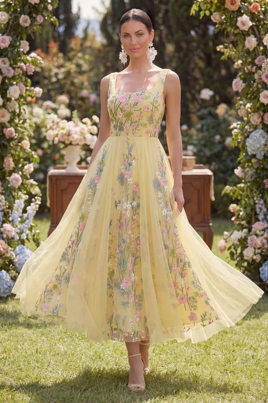 A-Line Yellow Square Neck Tulle Embroidered Midi Floral Dress made by Zapaka