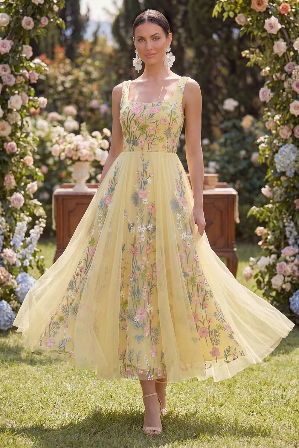 A-Line Yellow Square Neck Tulle Embroidered Midi Floral Dress sold by Zapaka