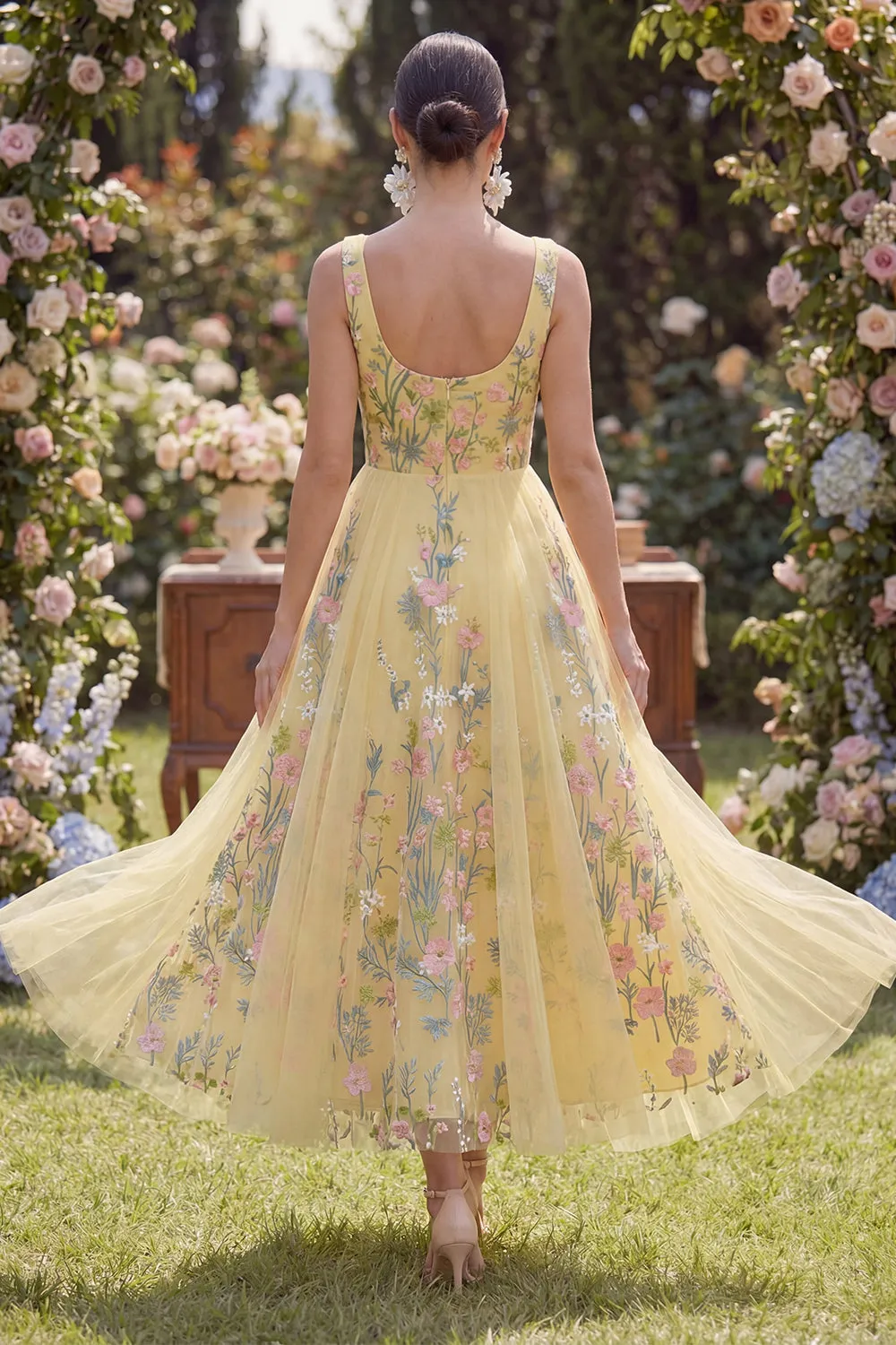 A-Line Yellow Square Neck Tulle Embroidered Midi Floral Dress sold by Zapaka product image thumbnail 2