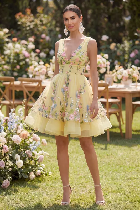 A-Line Yellow Tulle V-Neck Embroidered Mini Floral Dress made by Zapaka