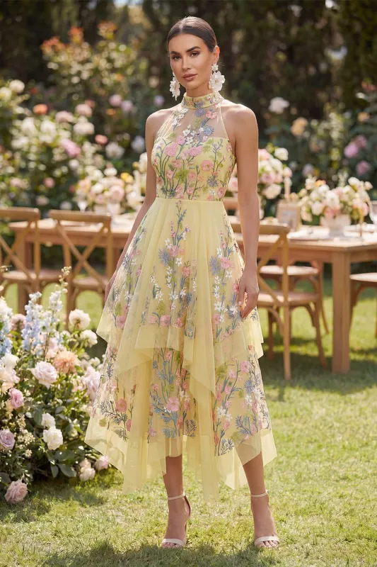 A-Line Yellow Halter Neck Embroidered Floral Midi Dress made by Zapaka