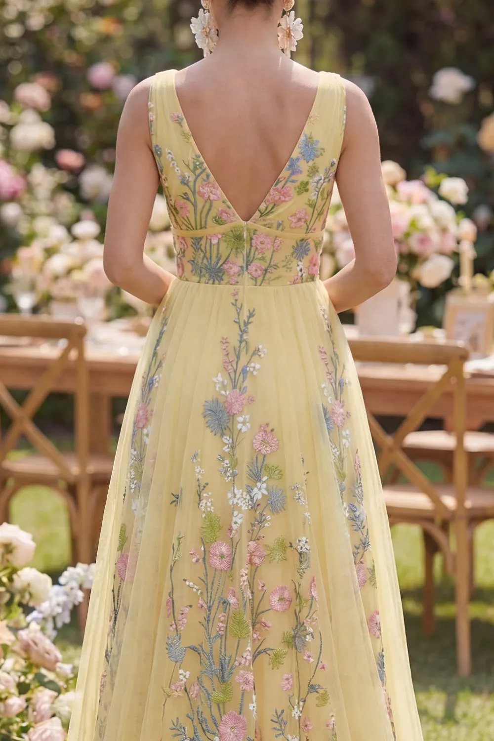 Pastel Yellow A Line V-Neckline Floral Embroidered Maxi Dress sold by Zapaka product image thumbnail 4
