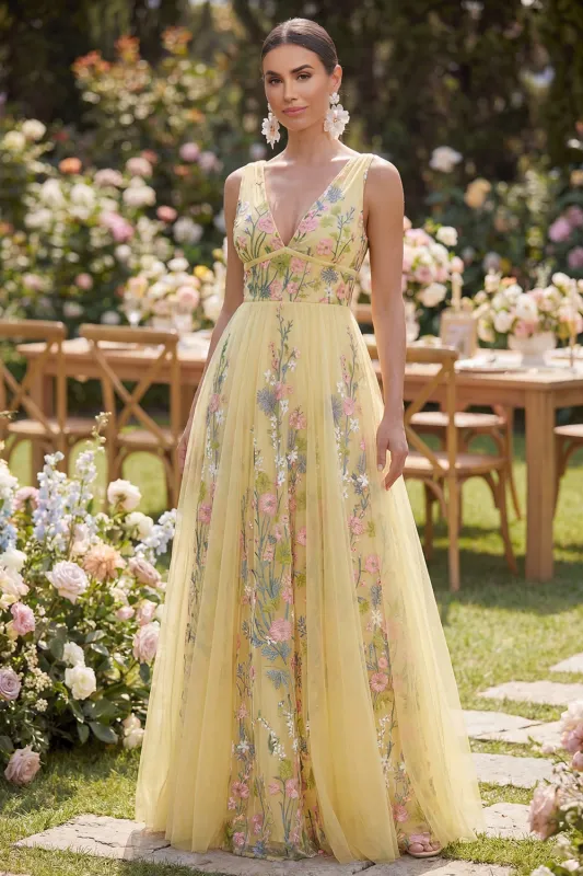 Pastel Yellow A Line V-Neckline Floral Embroidered Maxi Dress made by Zapaka