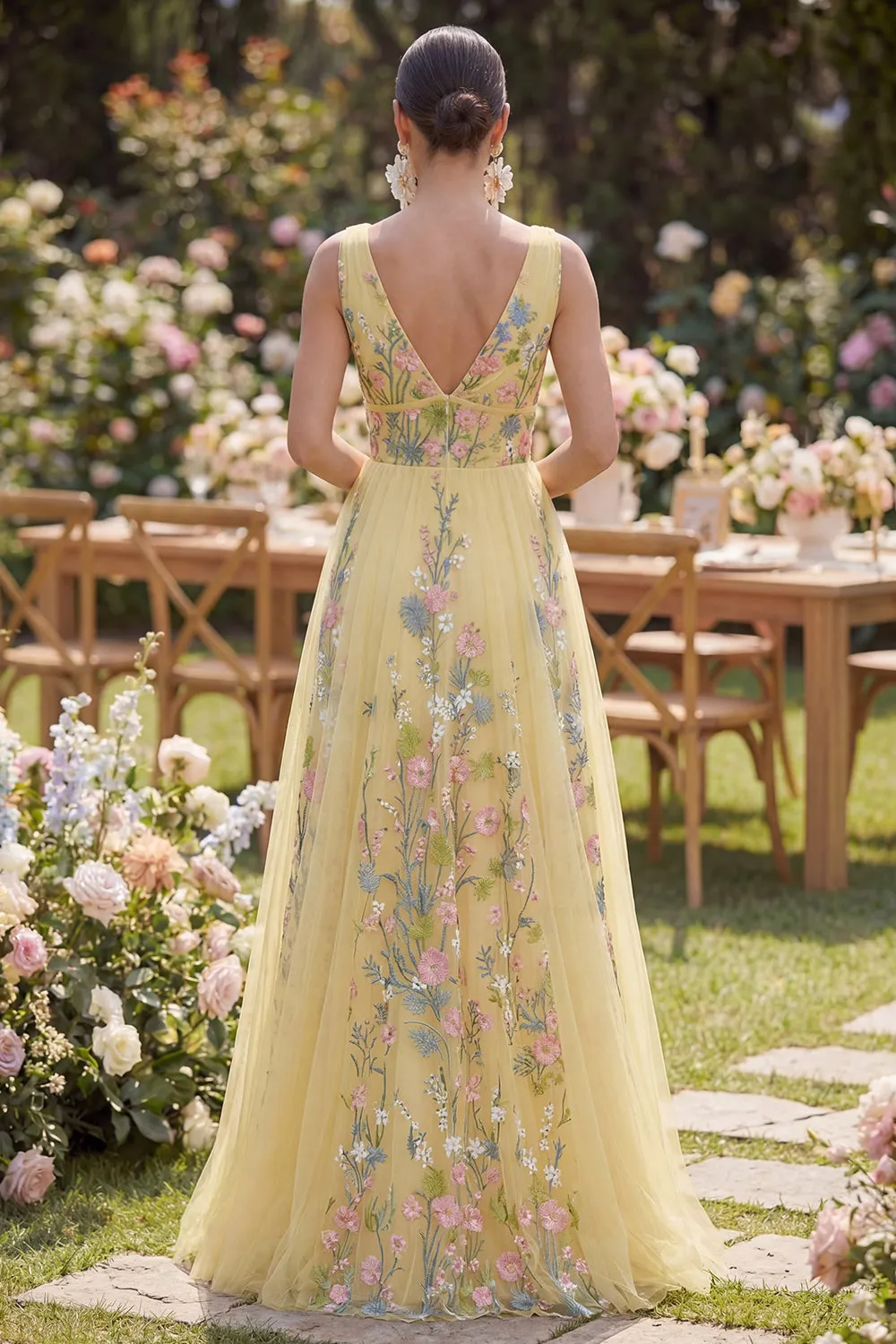 Pastel Yellow A Line V-Neckline Floral Embroidered Maxi Dress sold by Zapaka product image thumbnail 2