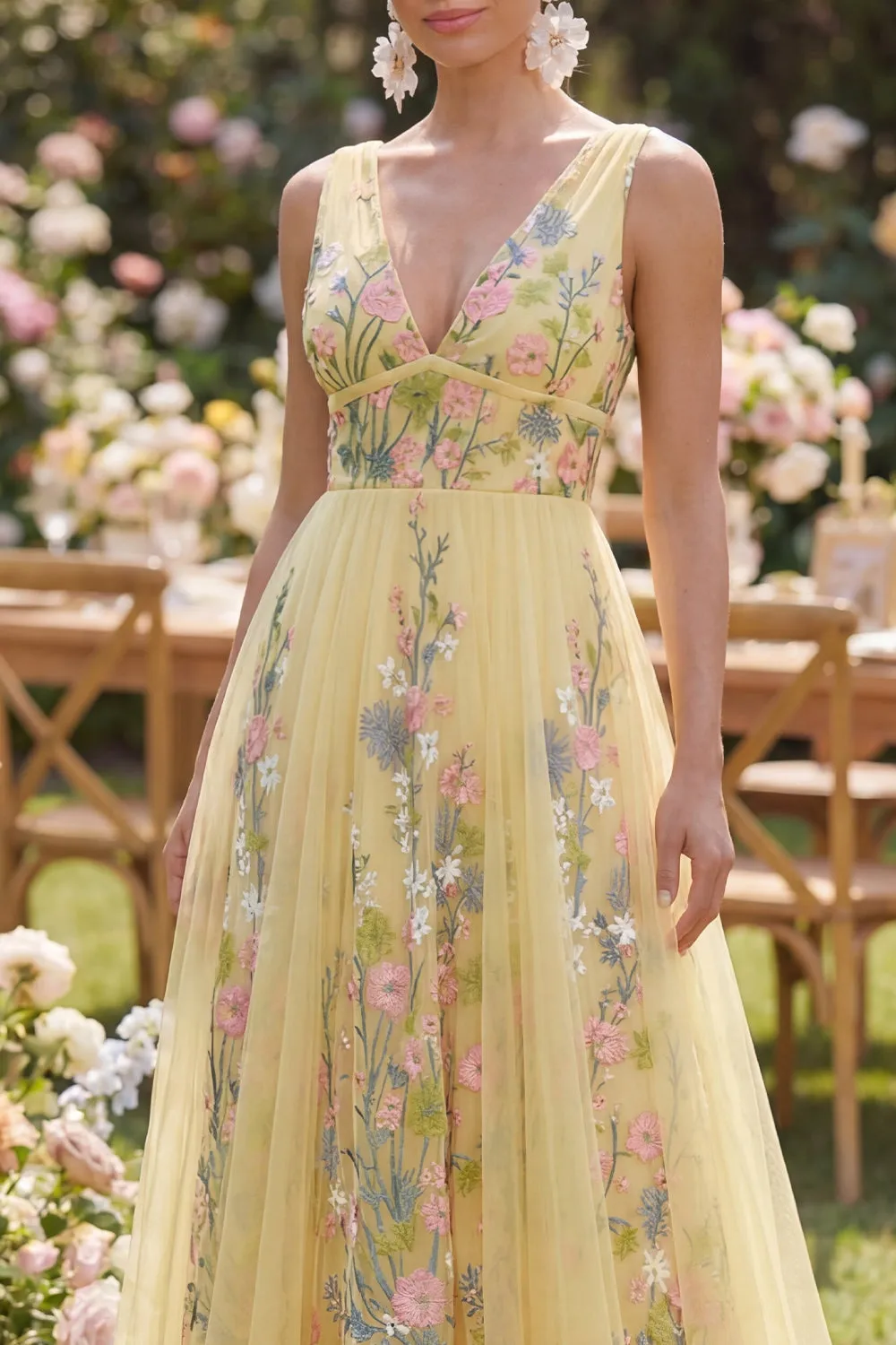 Pastel Yellow A Line V-Neckline Floral Embroidered Maxi Dress sold by Zapaka product image thumbnail 3