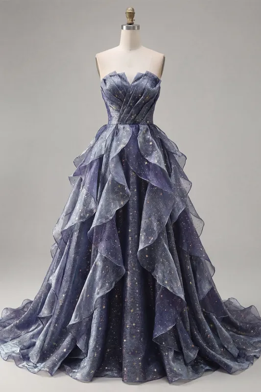 Starry Night Dusty Blue Strapless Long Prom Dress with Ruched Bodice and Cascading Ruffles made by Zapaka
