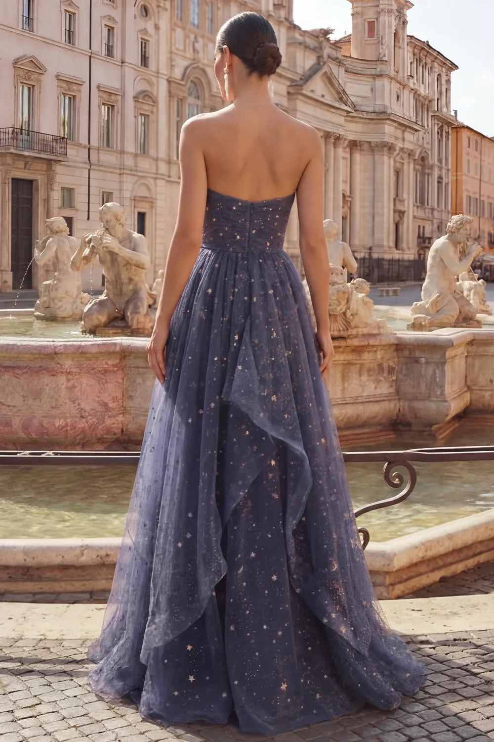 Starry Night Dusty Blue Strapless Bowed Long Prom Dress with Cascading Ruffles sold by Zapaka product image thumbnail 4