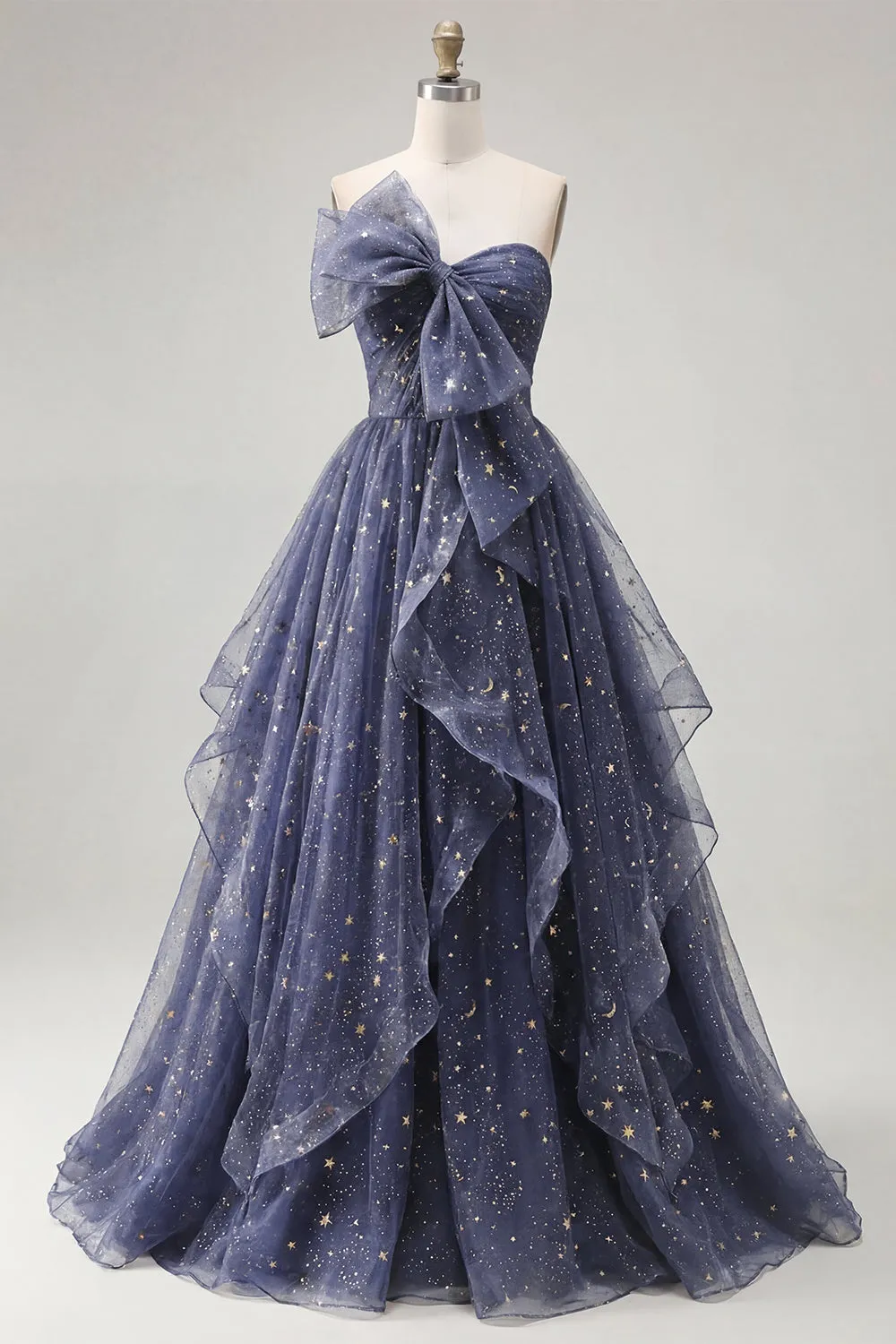 Starry Night Dusty Blue Strapless Bowed Long Prom Dress with Cascading Ruffles sold by Zapaka
