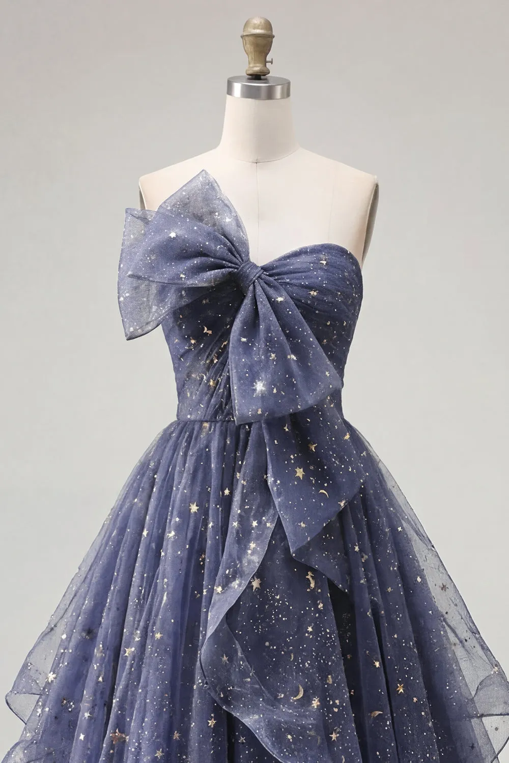 Starry Night Dusty Blue Strapless Bowed Long Prom Dress with Cascading Ruffles sold by Zapaka product image thumbnail 5