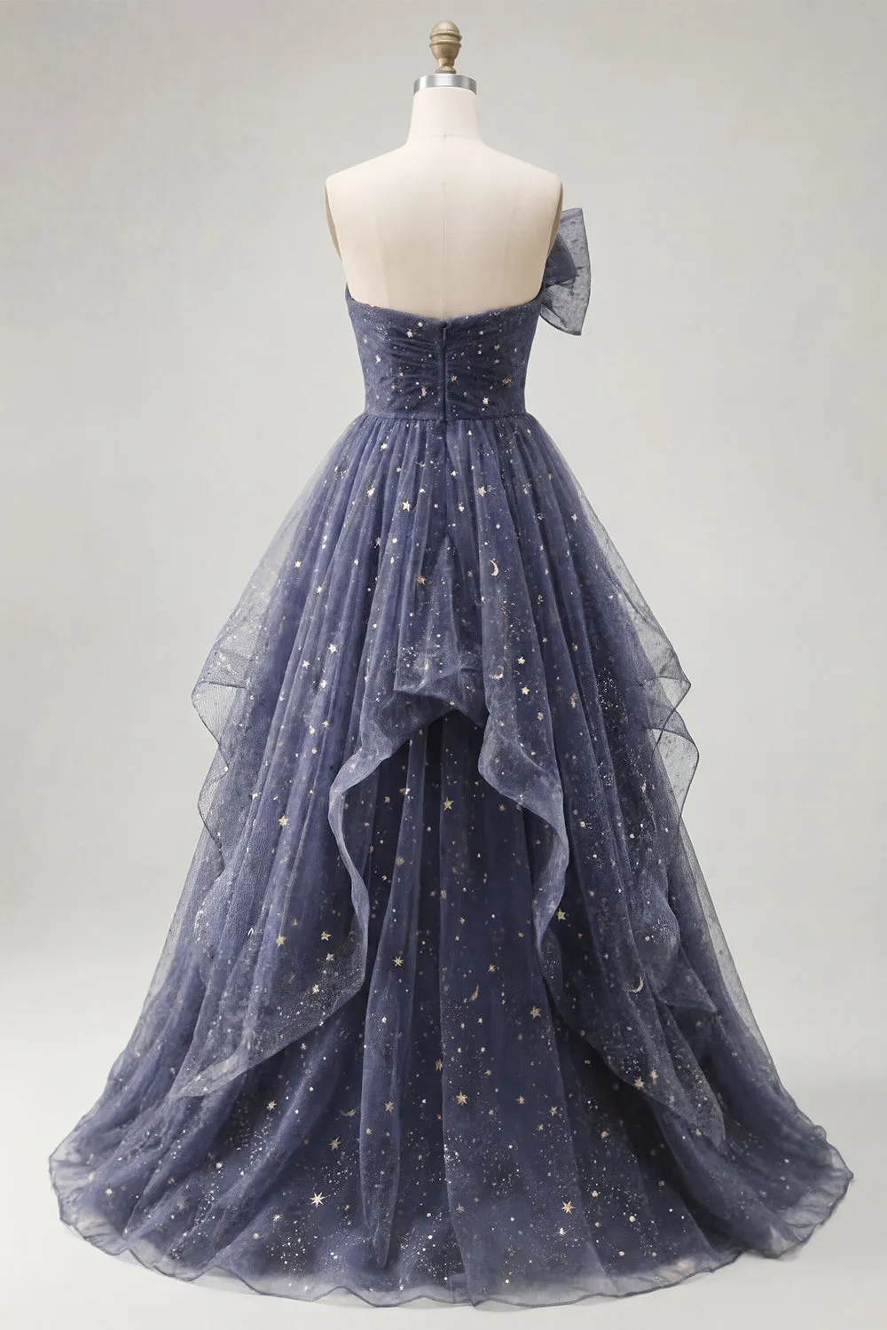 Starry Night Dusty Blue Strapless Bowed Long Prom Dress with Cascading Ruffles sold by Zapaka product image thumbnail 2