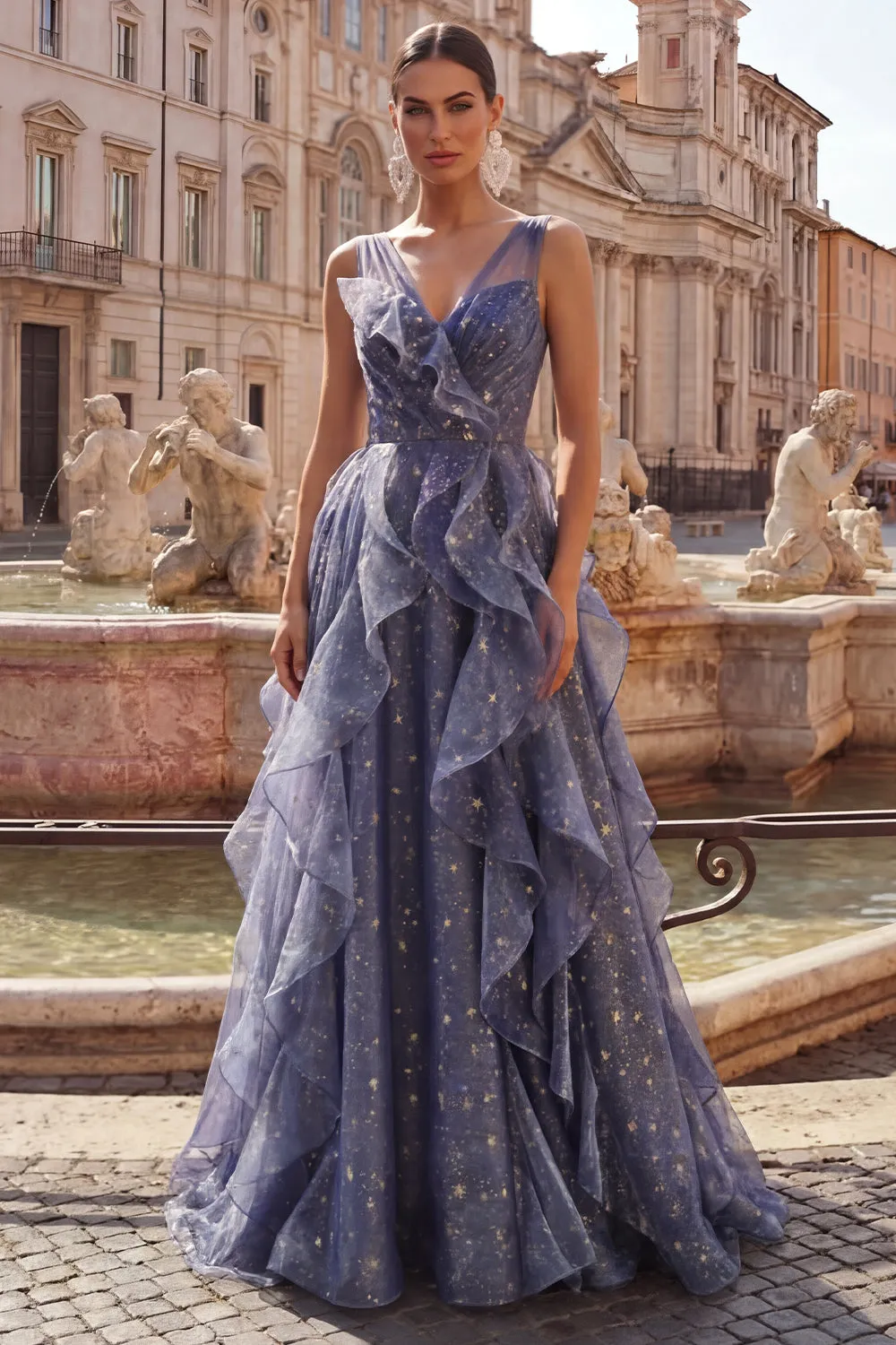 Elegant V-Neck Tulle Starry Sky Dusty Blue Prom Dress with Tiered Ruffles sold by Zapaka product image thumbnail 3