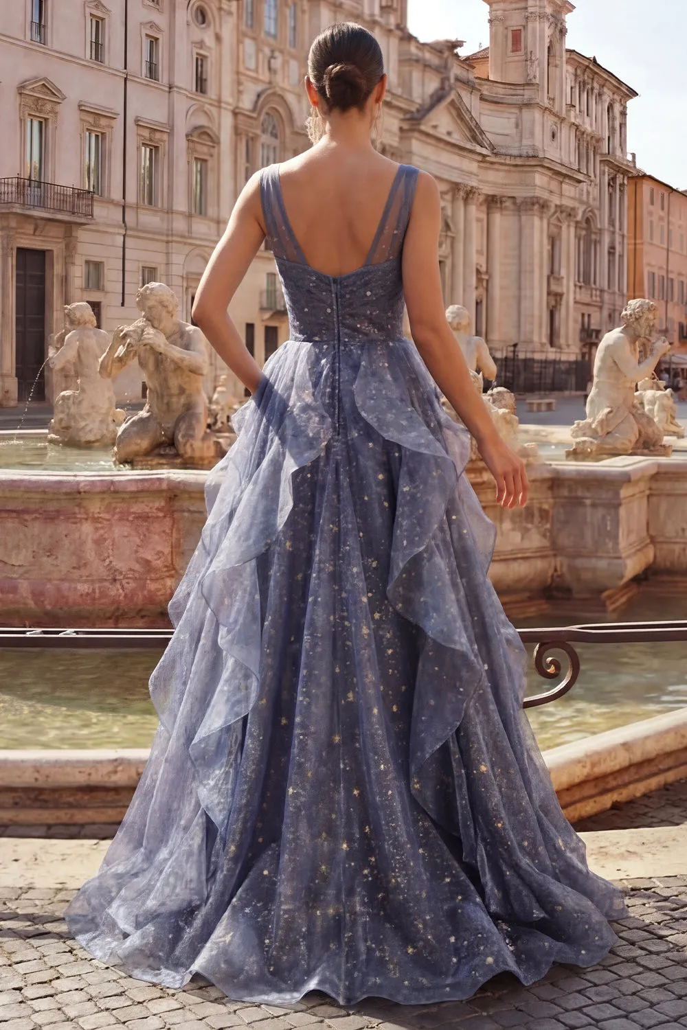 Elegant V-Neck Tulle Starry Sky Dusty Blue Prom Dress with Tiered Ruffles sold by Zapaka product image thumbnail 4