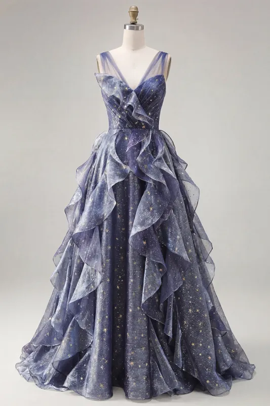 Elegant V-Neck Tulle Starry Sky Dusty Blue Prom Dress with Tiered Ruffles made by Zapaka