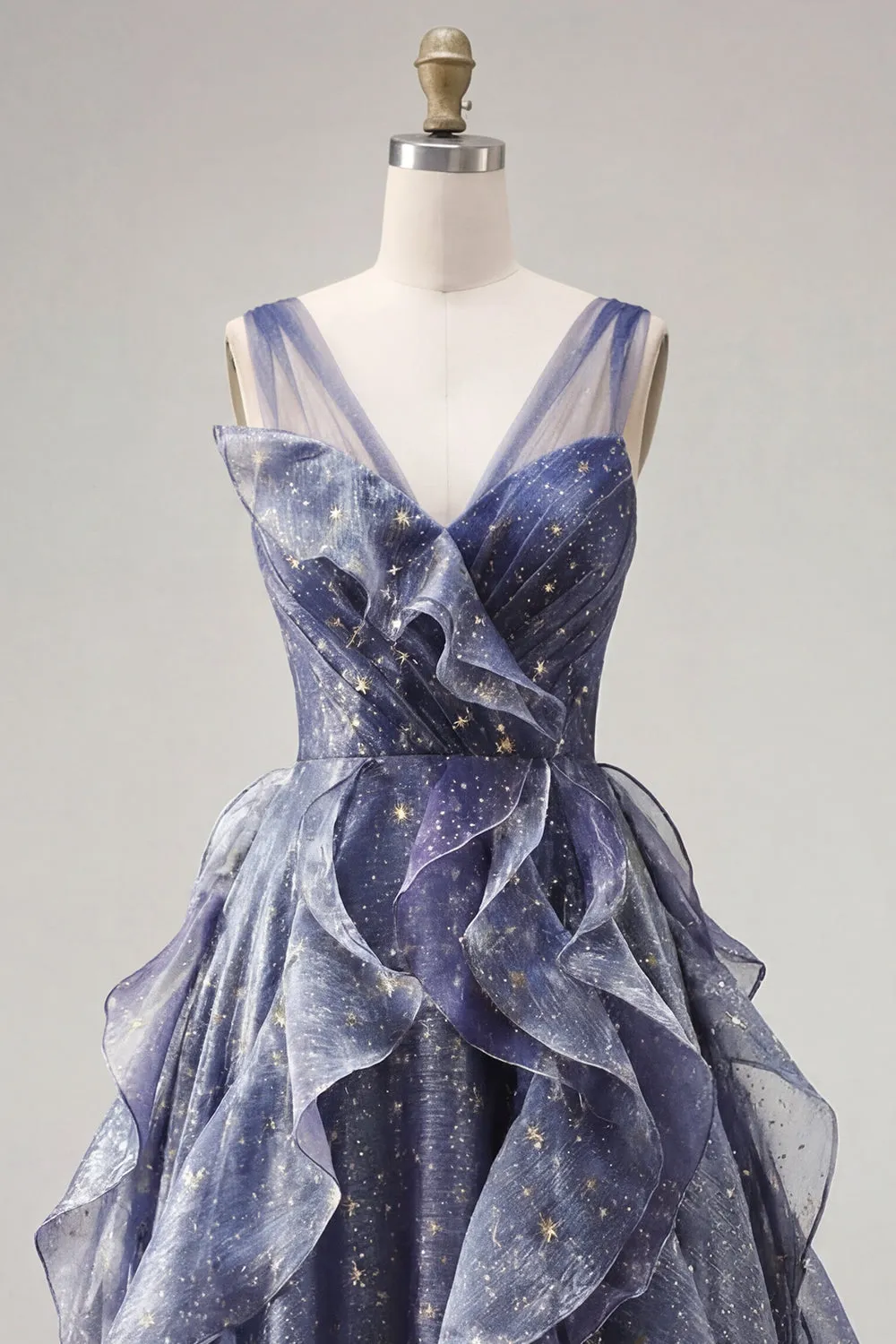 Elegant V-Neck Tulle Starry Sky Dusty Blue Prom Dress with Tiered Ruffles sold by Zapaka product image thumbnail 5