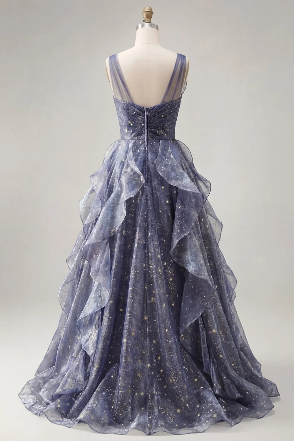 Elegant V-Neck Tulle Starry Sky Dusty Blue Prom Dress with Tiered Ruffles sold by Zapaka product image thumbnail 2