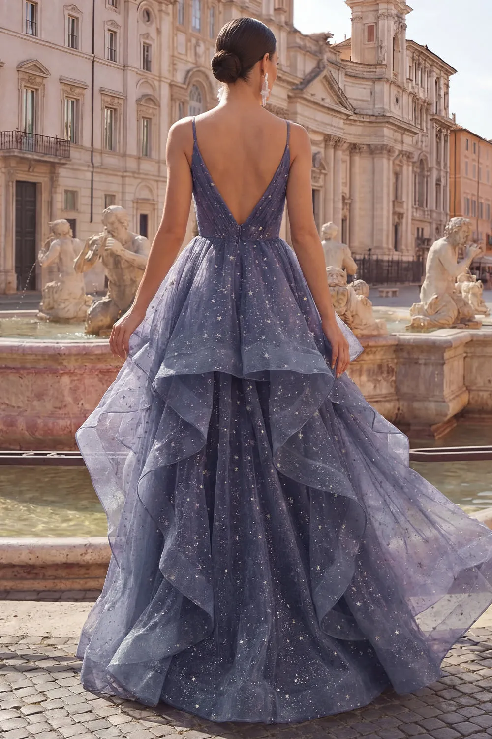 Starry A Line featuring Delicate Spaghetti Straps Long Prom Dress with Tiered Waterfall Skirt sold by Zapaka product image thumbnail 4