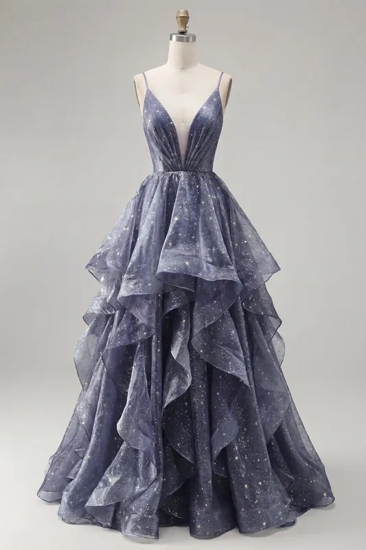 Starry A Line featuring Delicate Spaghetti Straps Long Prom Dress with Tiered Waterfall Skirt made by Zapaka