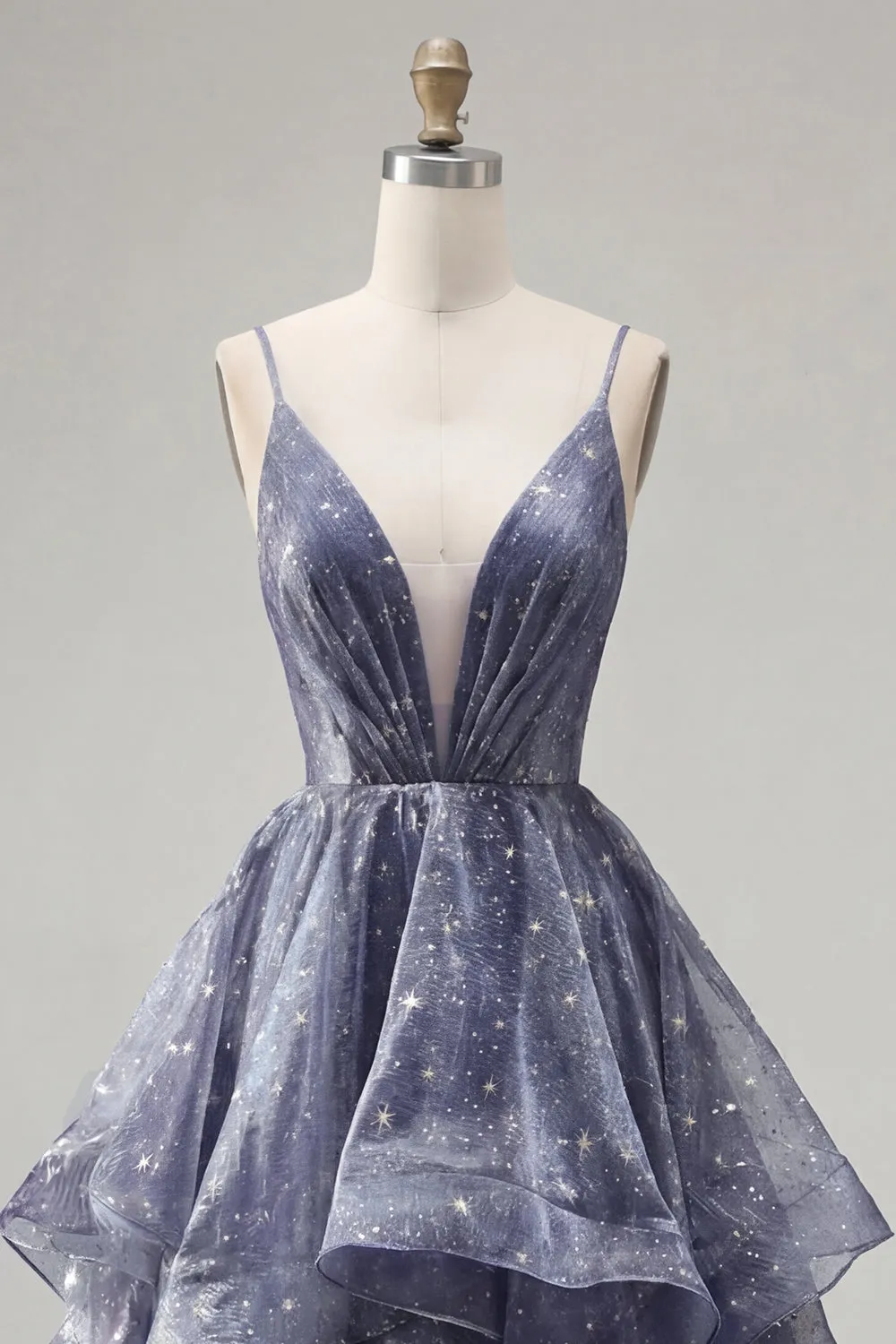 Starry A Line featuring Delicate Spaghetti Straps Long Prom Dress with Tiered Waterfall Skirt sold by Zapaka product image thumbnail 5