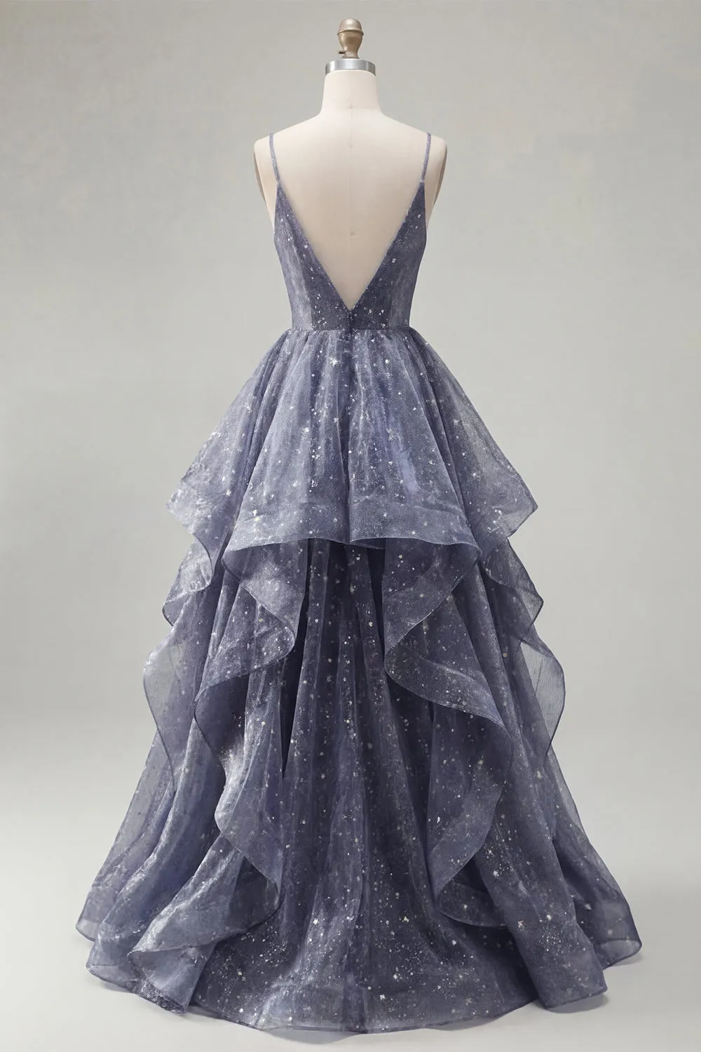 Starry A Line featuring Delicate Spaghetti Straps Long Prom Dress with Tiered Waterfall Skirt sold by Zapaka product image thumbnail 2