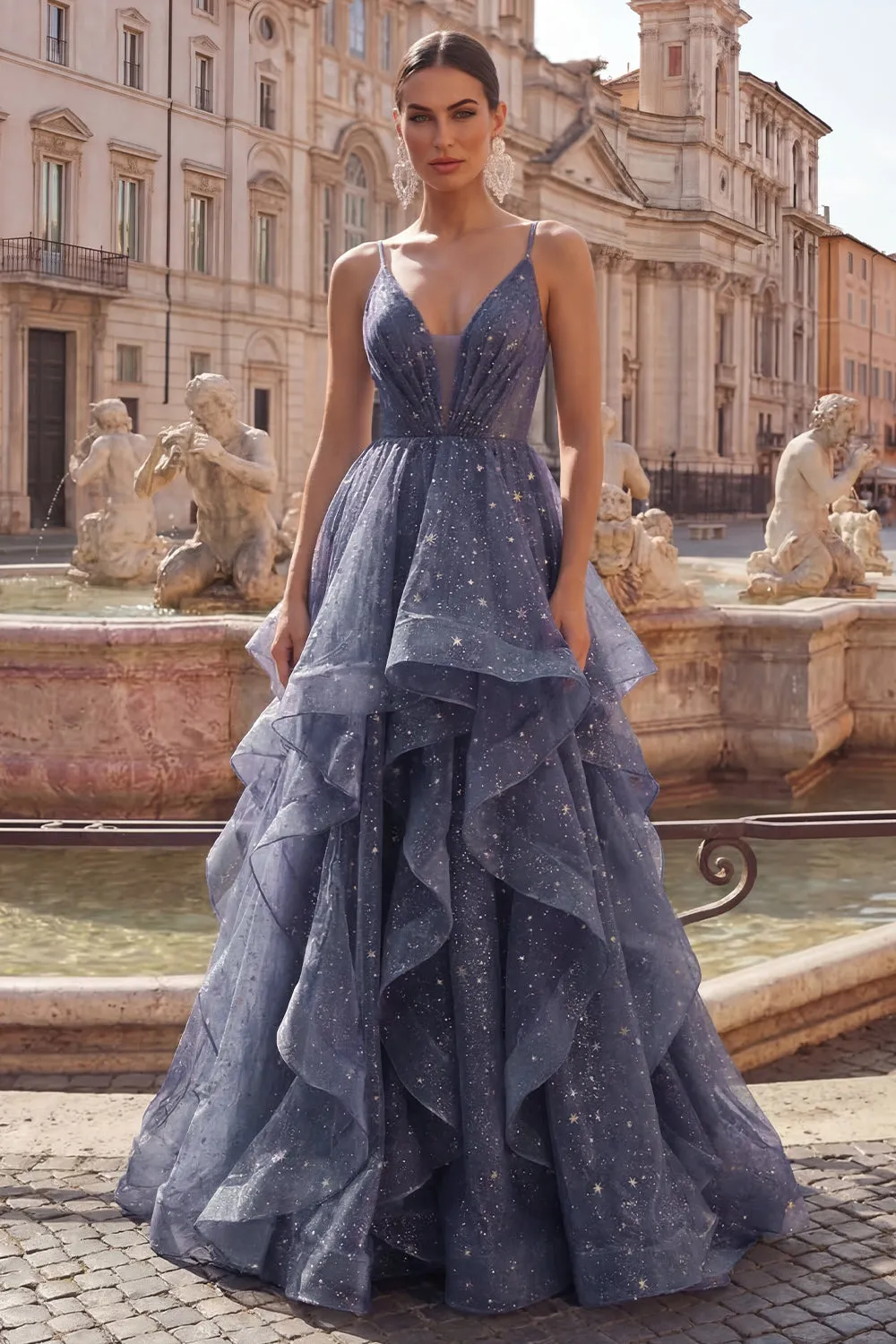 Starry A Line featuring Delicate Spaghetti Straps Long Prom Dress with Tiered Waterfall Skirt sold by Zapaka product image thumbnail 3