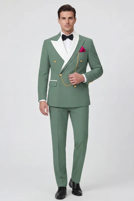 Sage Green 2 Piece Peak Lapel Double Breasted Men's Prom Suits made by Zapaka