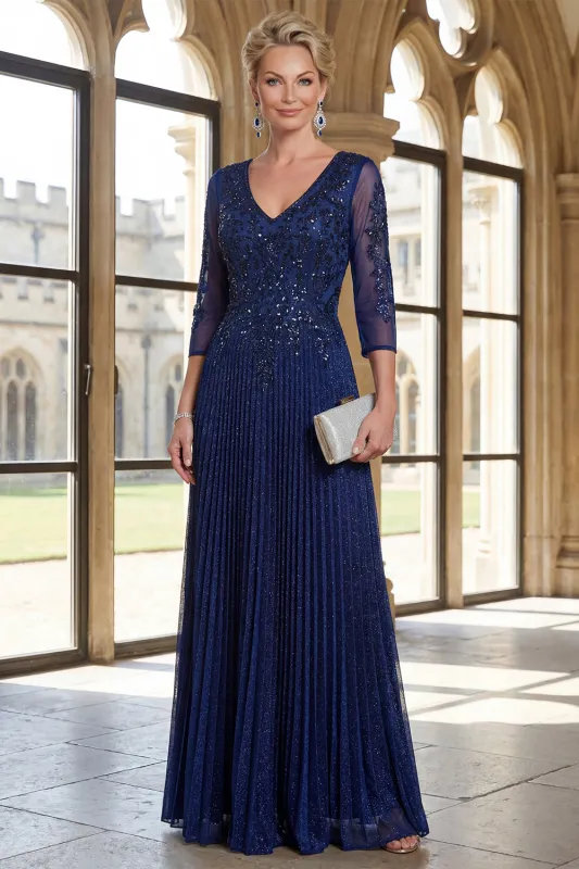 Sparkly Navy V-Neck Pleated A Line Mother of the Bride Dress made by Zapaka