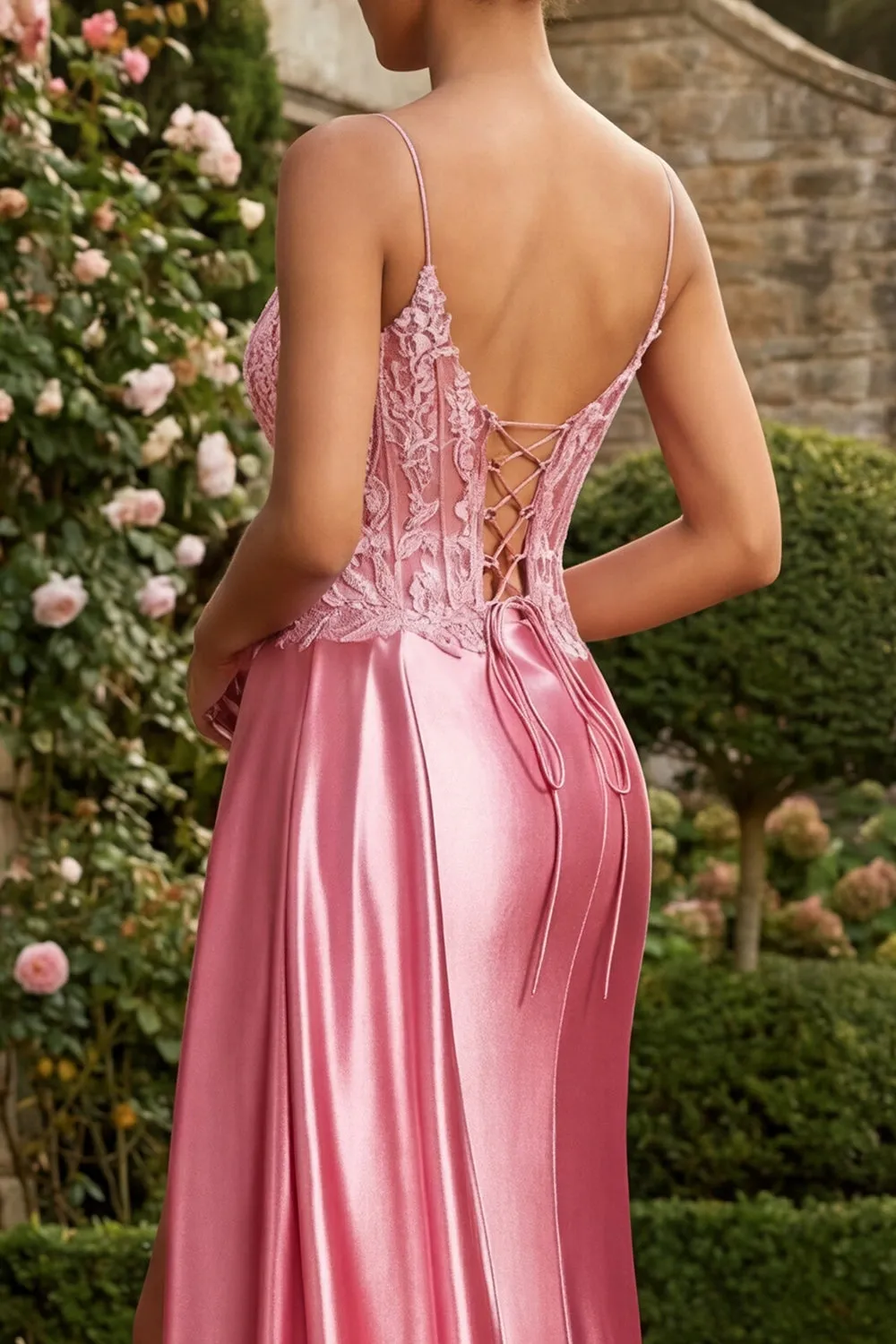 Pink Appliqued Mermaid Spaghetti Straps Long Prom Dress with Slit sold by Zapaka product image thumbnail 4