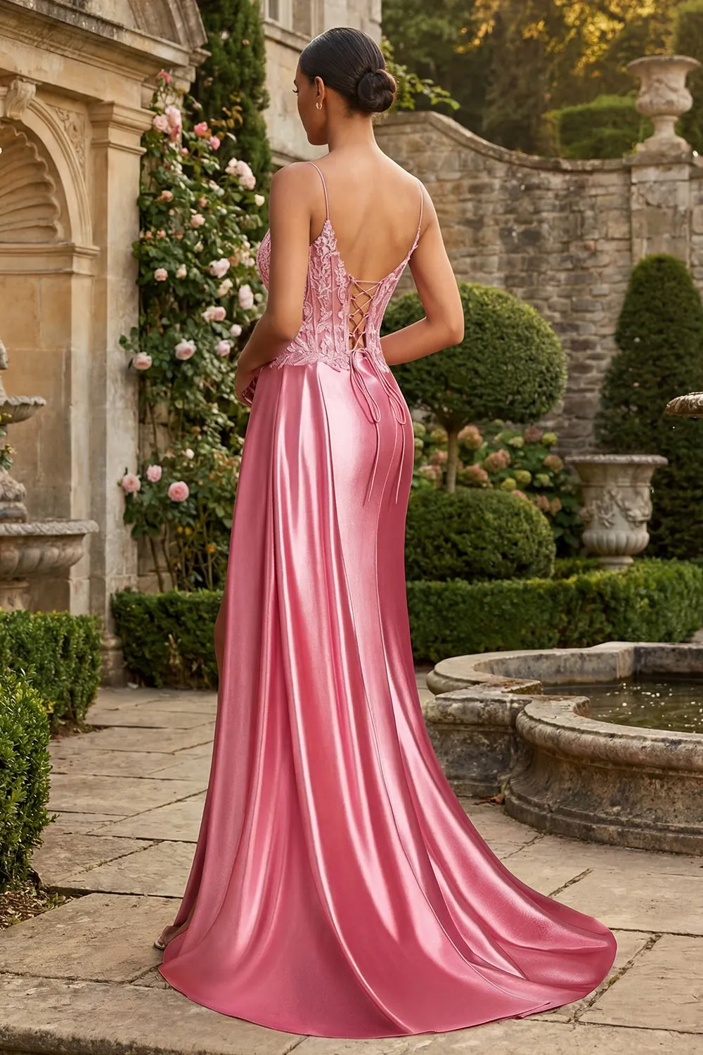 Pink Appliqued Mermaid Spaghetti Straps Long Prom Dress with Slit sold by Zapaka product image thumbnail 2