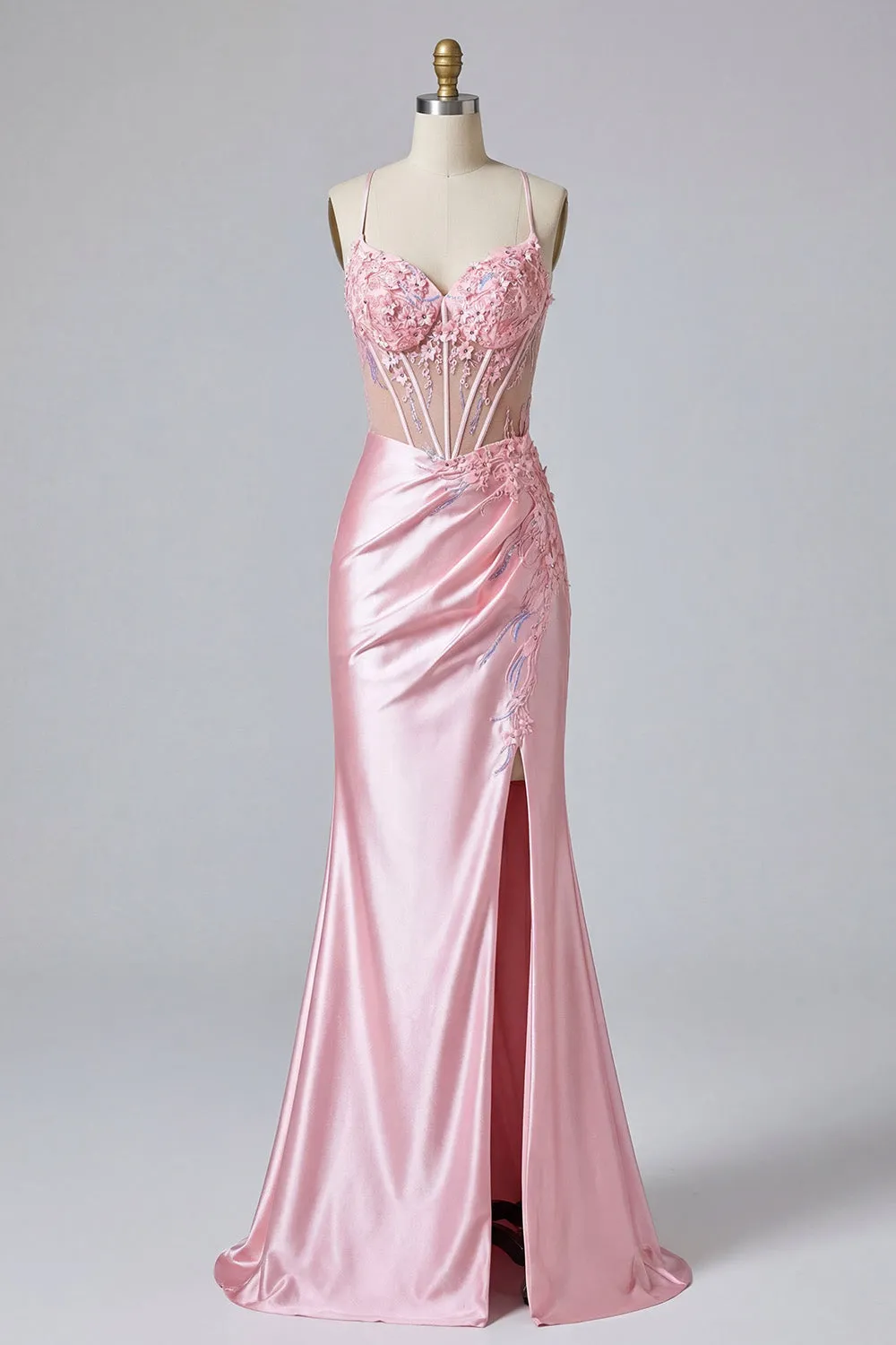 Pink Floral Mermaid Corset Prom Dress with Slit sold by Zapaka product image thumbnail 5