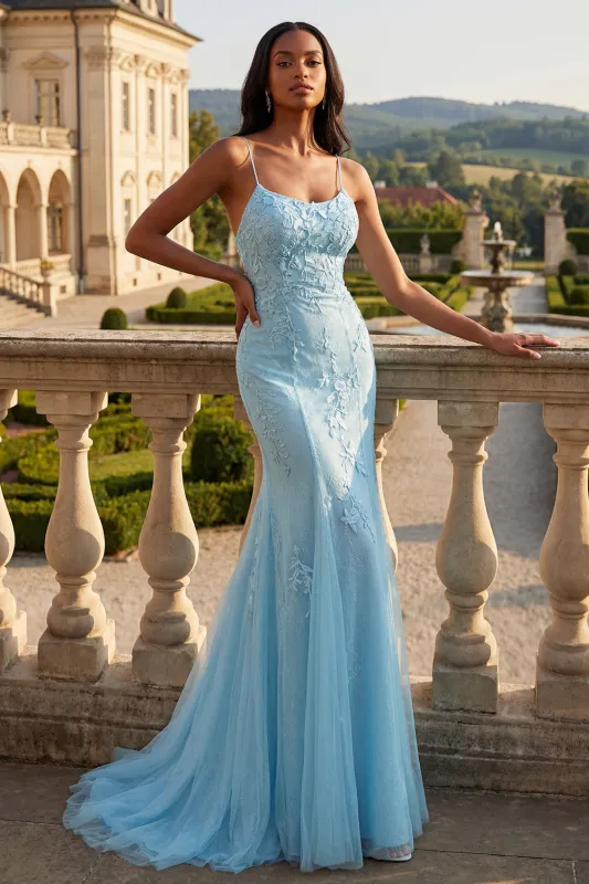 Mermaid Blue Appliqued Spaghetti Straps Long Prom Dress made by Zapaka