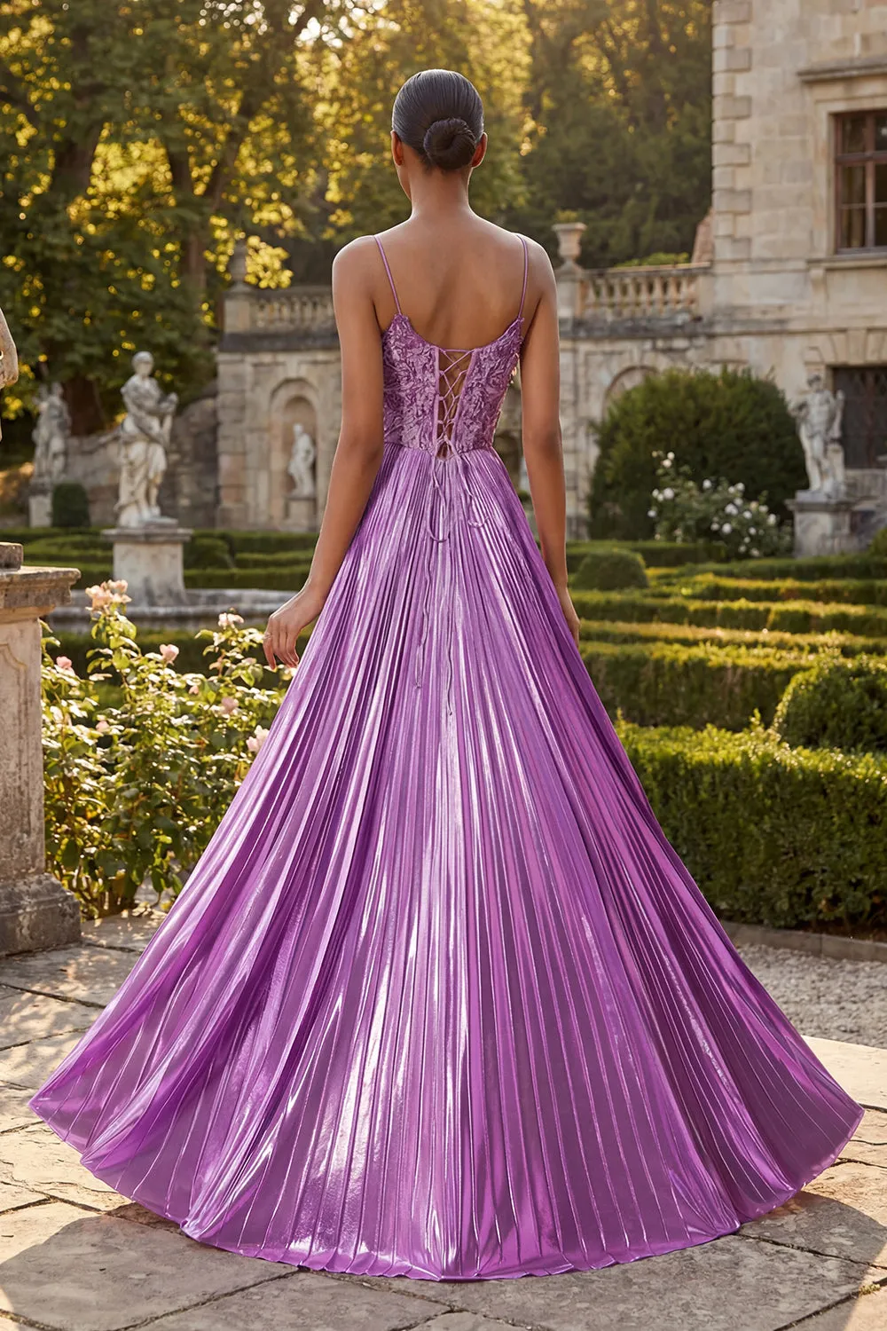 Purple A Line Appliqued Pleated Long Prom Dress with Slit sold by Zapaka product image thumbnail 3