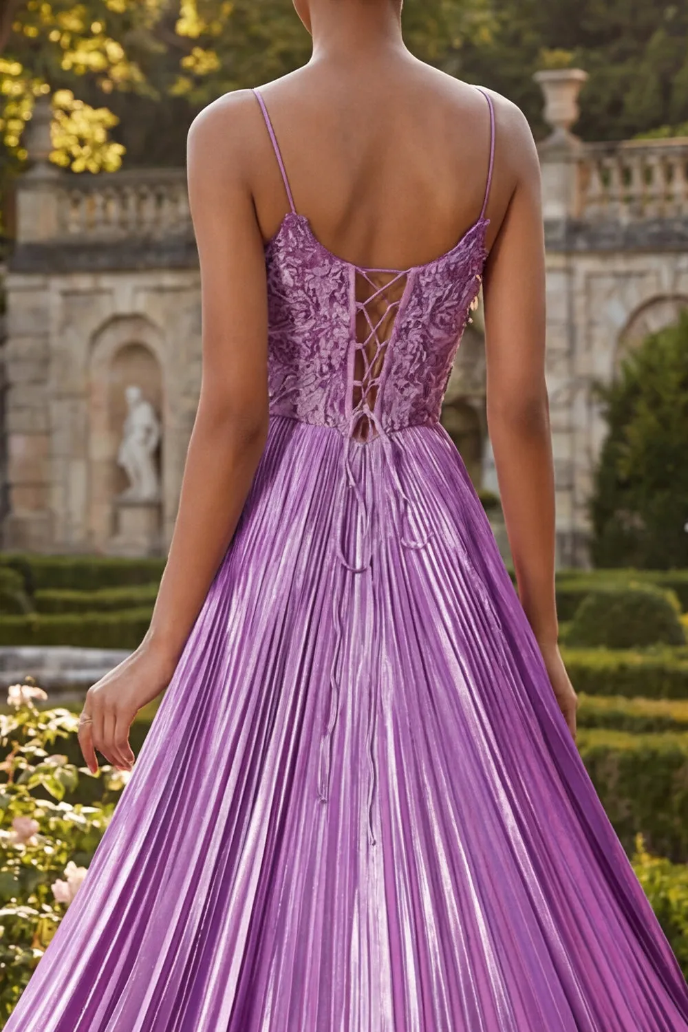 Purple A Line Appliqued Pleated Long Prom Dress with Slit sold by Zapaka product image thumbnail 4