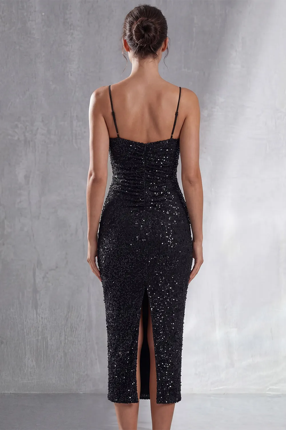 Sparkly Black Spaghetti Straps Sheath Midi Dress sold by Zapaka product image thumbnail 2